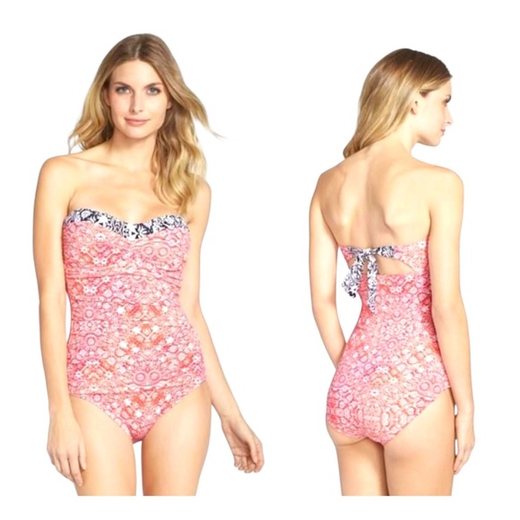 Tommy Bahama Coral Medallion Shirred Bandeau One Piece Swimsuit Removable Strap - Picture 1 of 17